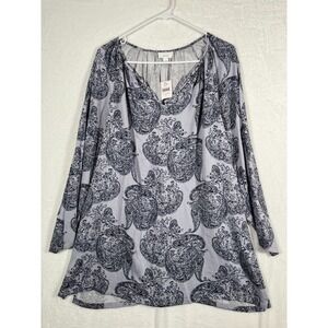 J Jill Paisley Tunic Top Large V-Neck Black Print Flowing Boho Long Sleeve NWT